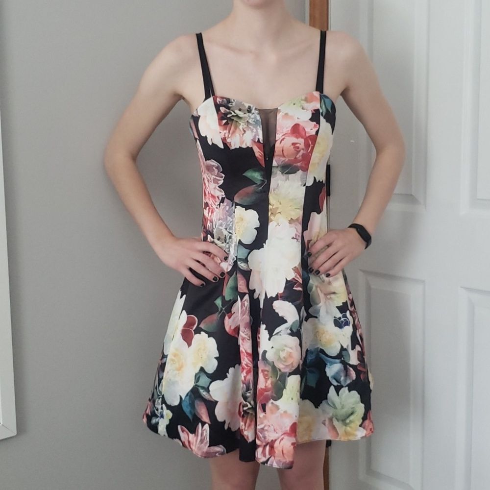 Cachet Dress 4 Sheer Sweetheart Dark Floral Corset Fit Flare Satin Formal Party